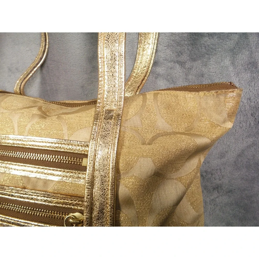 Coach Poppy Op Art Glam Tote Bag Gold Brown Classic Signature Canvas C